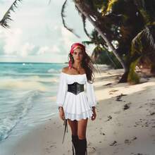 4件套海盗服装配饰：头巾、腰带、项链、帽子、眼罩，是女性海盗主题派对、化装舞会、万圣节、圣诞节服装的必备单品。