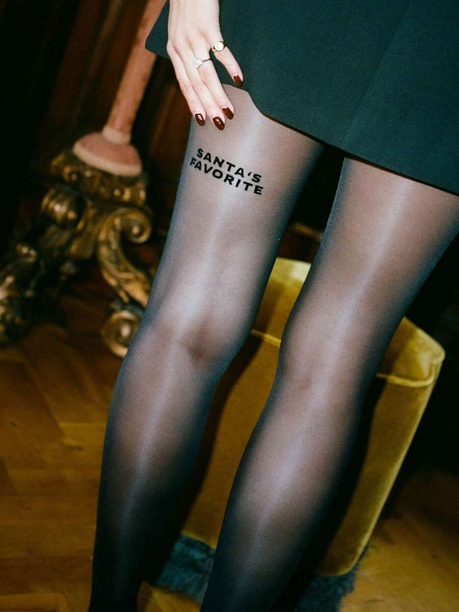 1pc Women's Black Gothic English Letter Sheer Tights, Skinny Fit, Suitable For Women Weighing 40-60kg - Black - View 1