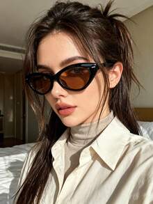 1pc Retro European & American Small Frame Cat Eye Fashion Glasses For Women, Fashionable Street Style - Black Frame Tea Leaves - View 1