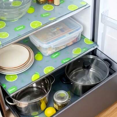 4 片装柠檬图案冰箱垫，可水洗、防水、防油，适用于冰箱搁架、冷冻室、橱柜抽屉，以及家庭厨房收纳整理。