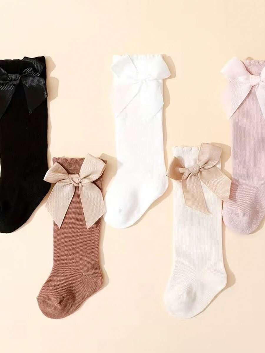 5双婴儿/幼儿女童侧边蝴蝶结装饰多功能中筒袜 - 彩色 - 查看 1