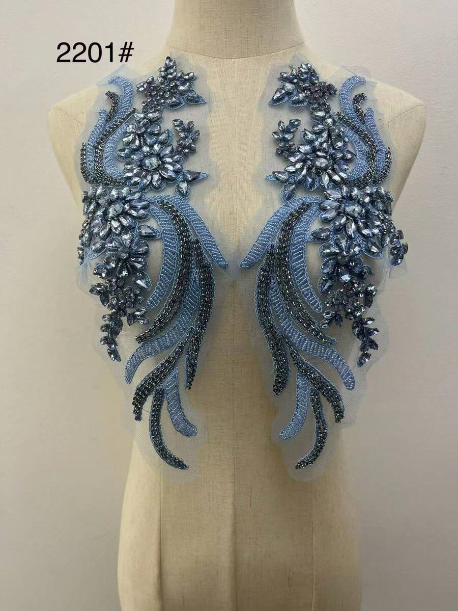 一对奢华手工钻石珍珠刺绣花卉贴花，适用于晚礼服、婚纱、舞蹈服、西装，闪耀夺目，易于缝制或粘贴。 - 淺藍色 - 查看 1
