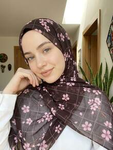 1 pieza Hiyab con estampado floral de sakura para mujer, hiyab de impresión digital premium con patrón floral en contraste, elegante y adecuado para uso diario, para todas las estaciones - Multicolor - Ver 2