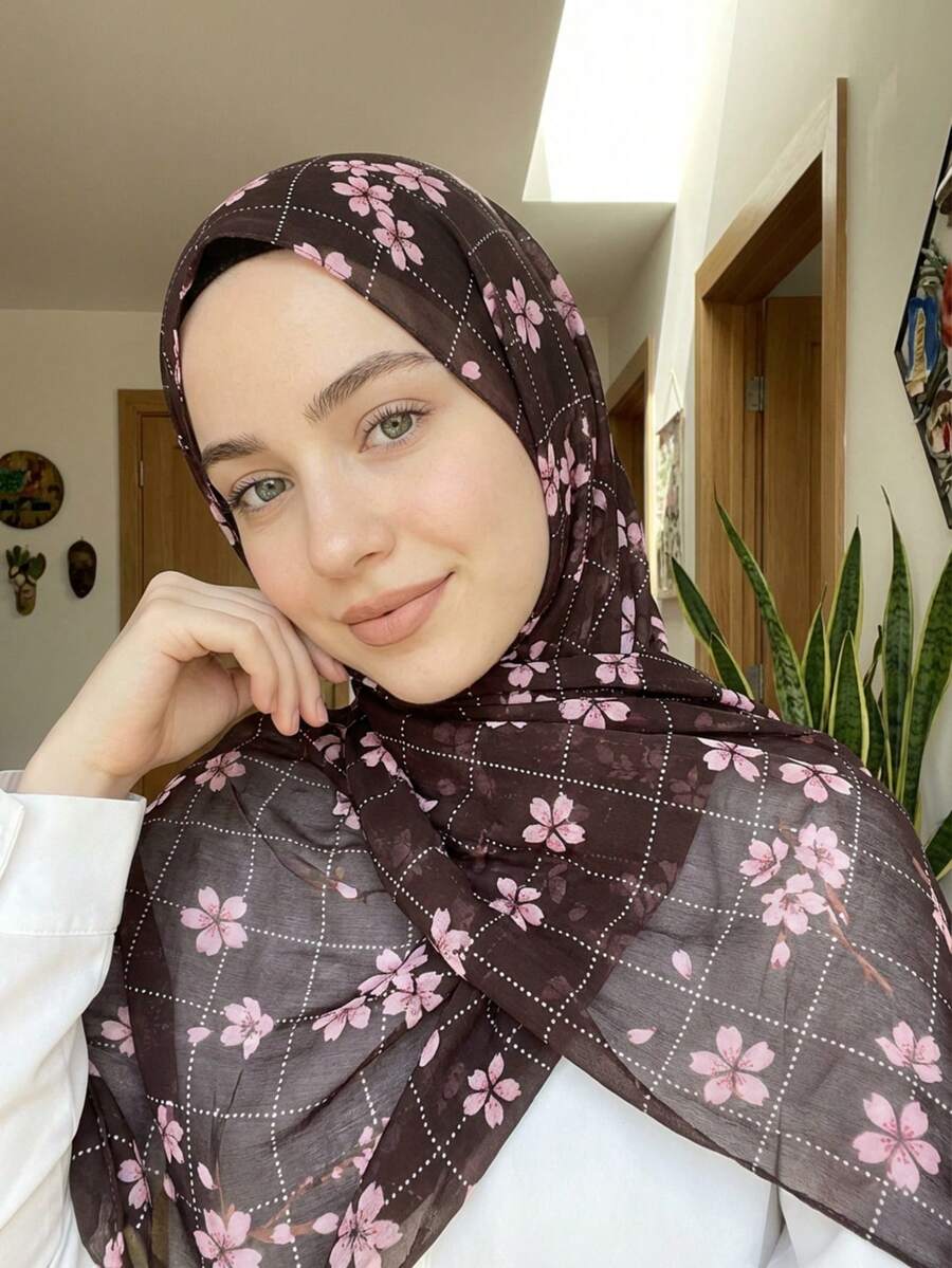 1 pieza Hiyab con estampado floral de sakura para mujer, hiyab de impresión digital premium con patrón floral en contraste, elegante y adecuado para uso diario, para todas las estaciones