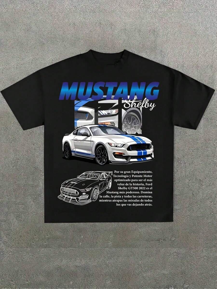 Mustang Shelby Car Graphic Black T -Shirt,Casual Digital Print Pure Heavy Cotton T Shirt,220g Cotton T-Shirt,Gift,Summer,Unisex - 黑色 - 查看 1