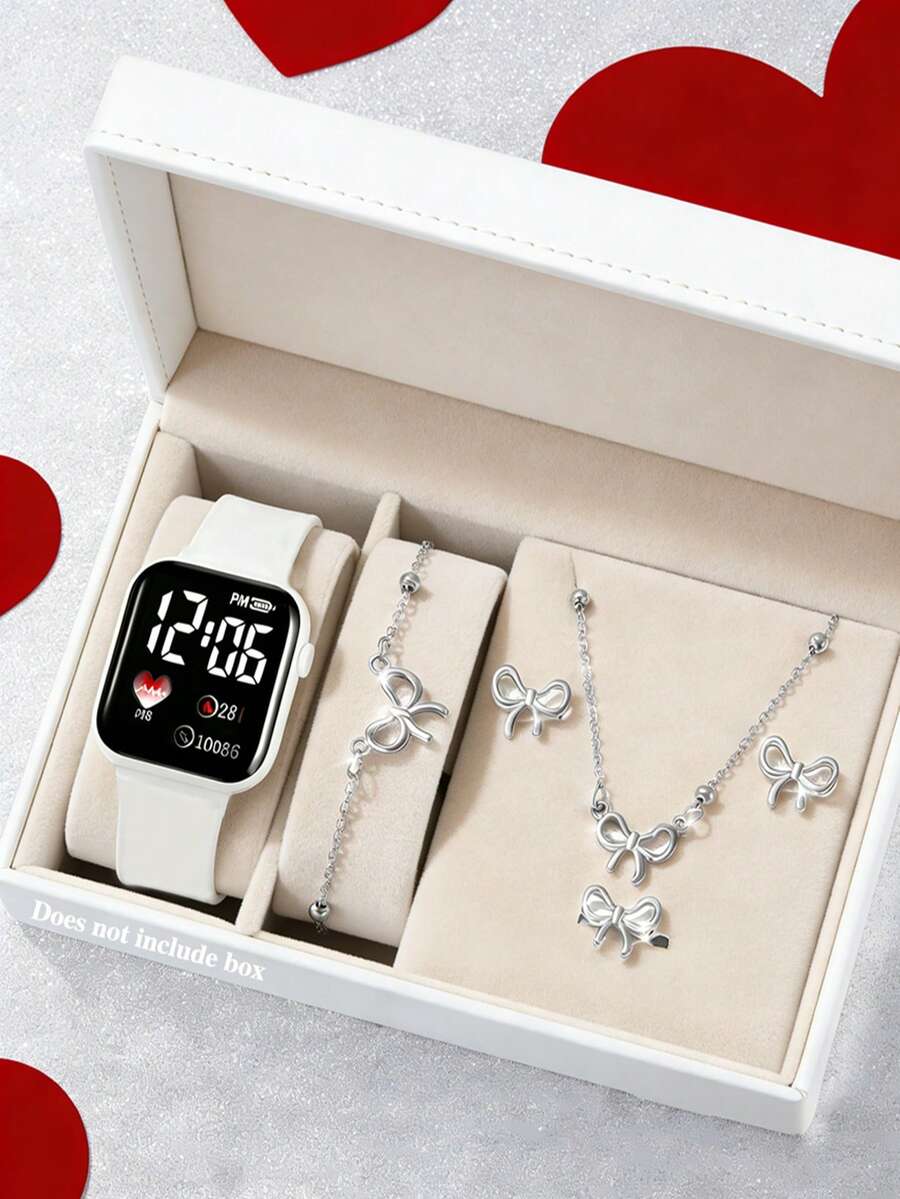 6pcs Fashionable Minimalist LED Square Digital Watch & Pink Butterfly Bracelet Necklace Earrings Ring Jewelry Set, Gift For Kids Back To School, No Box