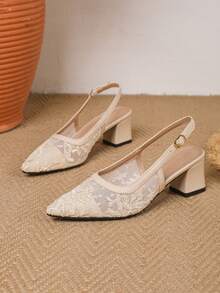 Spring/Summer New Apricot Embroidered Lace Mesh Pointed Toe High Heel, Pointed Toe High Heel Backstrap Comfortable Slingback Women's Shoes, Weddings - Apricot - View 7