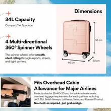 55x40x20cm ABS Hard Shell Cabin Suitcase 30L/34L 360° Spinner Wheels Combination Lock - Black - View 2