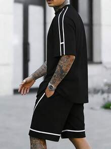 2pcs/Set Summer New Fashionable Loose Comfortable Casual T-Shirt And Shorts Set For Young Men - Black - View 9
