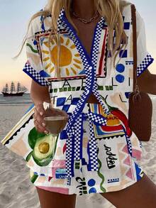Geometric Fruit & Sun Print Loose Button-Up Shirt And Elastic Waist Shorts Set, Beach Vacation, Spring/Summer - Blue - View 1