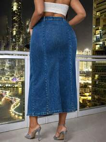 Elegant High Waist Stretch Denim Skirt, Autumn/Winter New Asymmetrical Front Button Slit Skirt, Washed Blue Plus Size Denim Mini Skirt - Blue - View 2