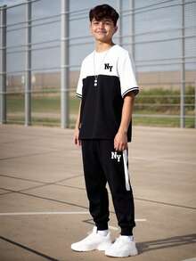 男童卡通印花圆领短袖T恤和裤子套装 - 黑色 - 查看 1