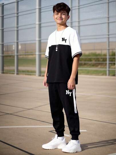 Tween Boy Cartoon Print Round Neck Short Sleeve T-Shirt And Pants Set