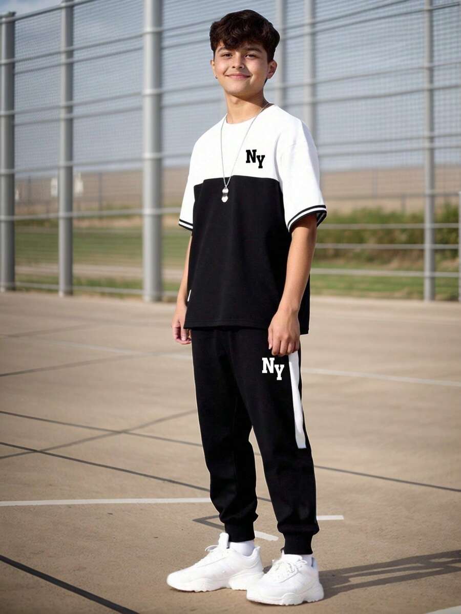 男童卡通印花圆领短袖T恤和裤子套装 - 黑色 - 查看 1