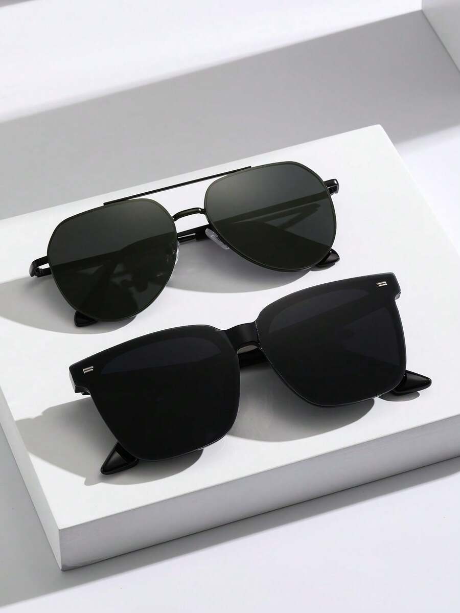 2pcs Men's Black Square Frame Fashion Glasses, Suitable For Vacation, Driving, Street Photography, Beach Party And Other Occasions - 2pcs Black and Gray Combination - View 1