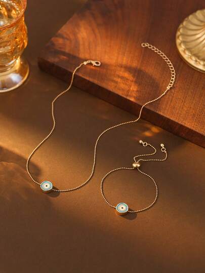 2pcs Elegant Retro Round Sunglasses Stainless Steel Pendant Necklace & Bracelet Set, Stainless Steel Beaded Unisex Eye Necklace & Bracelet Chain, Suitable For Daily, Party Outfits, Gift For Loved Ones