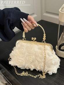 Women Elegant Large-Capacity Floral Pleated Satin Evening Clutch Party Bag Purse Handbag– Chic Chiffon Petal Handbag With Chain Strap, Fits Phone & Essentials, Perfect For Bride, Weddings, Dates, Proms, Sorority Formals, Graduation Parties, Spring Galas, Weddings, Cocktail Events, And Special Occasions - 杏色 - 查看 2