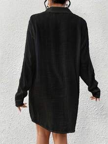 New Spring And Summer Women's Casual Long-Sleeved Cool-Feel Refreshing Lapel Plus-Size Plain Shirt - màu đen - Xem 3