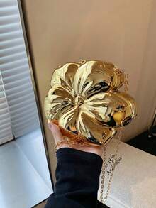 1pc Fashionable Solid Color Crossbody Bag, Metal Flower Decor, Clutch Purse Suitable For Weddings, Parties, Formal Occasions, Can Be Used As Accessory, Lipstick Case, Coin Purse, Jewelry Pouch, Comes With Detachable Chain Strap, A Unique Gift For Her - Gold - View 6