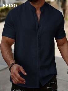 FEIAO 男士复古硬币领纽扣藏蓝色华夫格纹短袖 Polo 衫 - 藏蓝色 - 查看 3