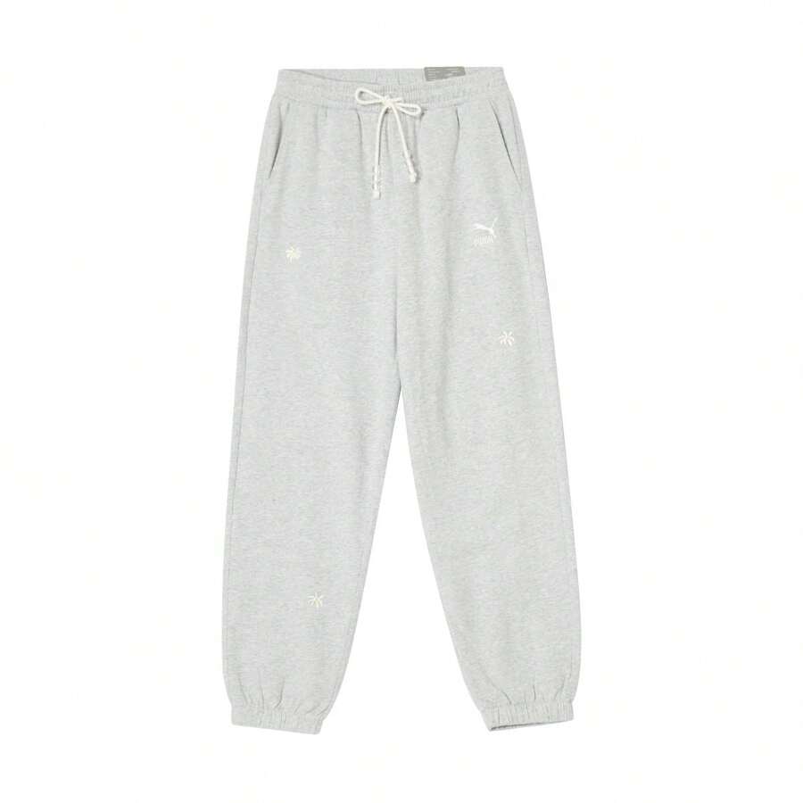 Puma 女士时尚刺绣抽绳踝口针织裤，休闲运动裤 - 灰色 - 查看 1