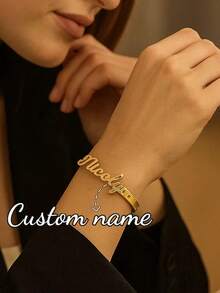 Customized Women's Stainless Steel Bracelet With Personalized Nameplate, Letter, Heart, Hollow Butterfly Design, Jewelry Gift For Women, Wedding, Valentine's Day - Gold Bracelet - View 7