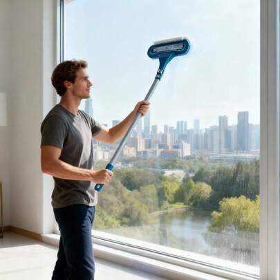 1 szt. myjka do okien i szczotka do czyszczenia, która z łatwością wyczyści wysokie okna, szklane drzwi i duże panele szklane w domach, mieszkaniach i biurach. Może być również używana do codziennego mycia podłóg. To narzędzie sprawia, że szklane powierzchnie i podłogi wewnątrz i na zewnątrz są czyste bez śladów, lśniąc jak nowe.