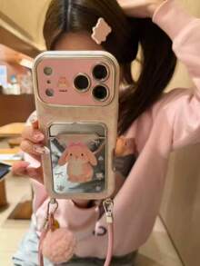 Cartoon Floral Rabbit Mirror Card Holder Phone Case Compatible With Iphone 17 Pro Max, Suitable For Apple 17 Pro, 16, 15 Pro, 14, 13, 16 Pro Max, & Creative Design For Girls - 粉色 - 查看 4