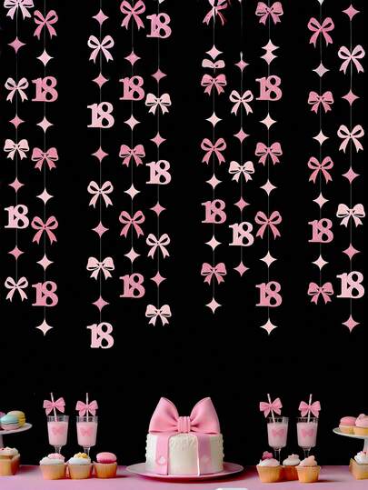 Shiny Pink Bow Birthday Decorations, Pink Bow Wreath Ribbon Garland Backdrop, Suitable For Girls 18th 21st Birthday, Can Be Used For Birthday Party Decor, Anniversary Party Supplies, Wedding, Baby Shower Decorations