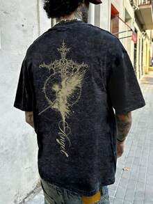 FRACTYR 男士夏季时尚简约哥特风装饰花卉印花圆领短袖T恤 | 基础款街头休闲上衣，男友/老公礼物 - 黑色 - 查看 2