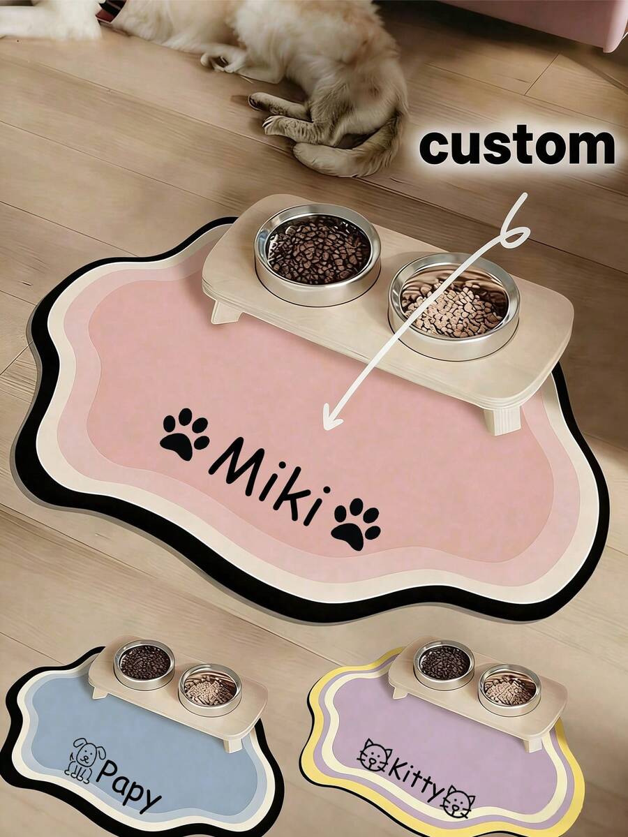 Customizable Quick-Drying Pet Feeding Mat, Personalized Pet Feeding Mat - Quick-Drying Waterproof Non-Slip Cat Bowl Mat, Can Print Pet Name - Splash-Proof, Absorbent, Easy To Clean Design, Paw Print Pattern, Suitable For Cats And Dogs, Machine Washable, Perfect Gift For Pet Owners. Pet Feeding Mat, Pet Food Mat, Funny Design - Multicolor - View 1