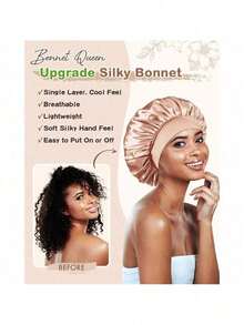 1-Pack Silk Nightcap, Satin Hair Cap, Soft Elastic Band Silk Nightcap, Curly Hair Women's Silk Hair Cap, Solid Color Wide-Brimmed Elastic Silk Satin Fashion Nightcap, Casual And Comfortable Soft Breathable Daily Style Hair Care Cap, Back To School Essential. Suitable For Daily Wear, Home Wear, Party Wear, Beauty Salon Back To School, Nightcap, Plus Size Women's Hat. - Gold - View 2