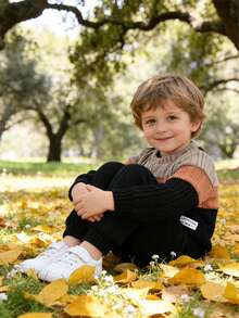 2 件套男童开学服装套装，休闲拼色圆领上衣搭配黑色裤子，秋季