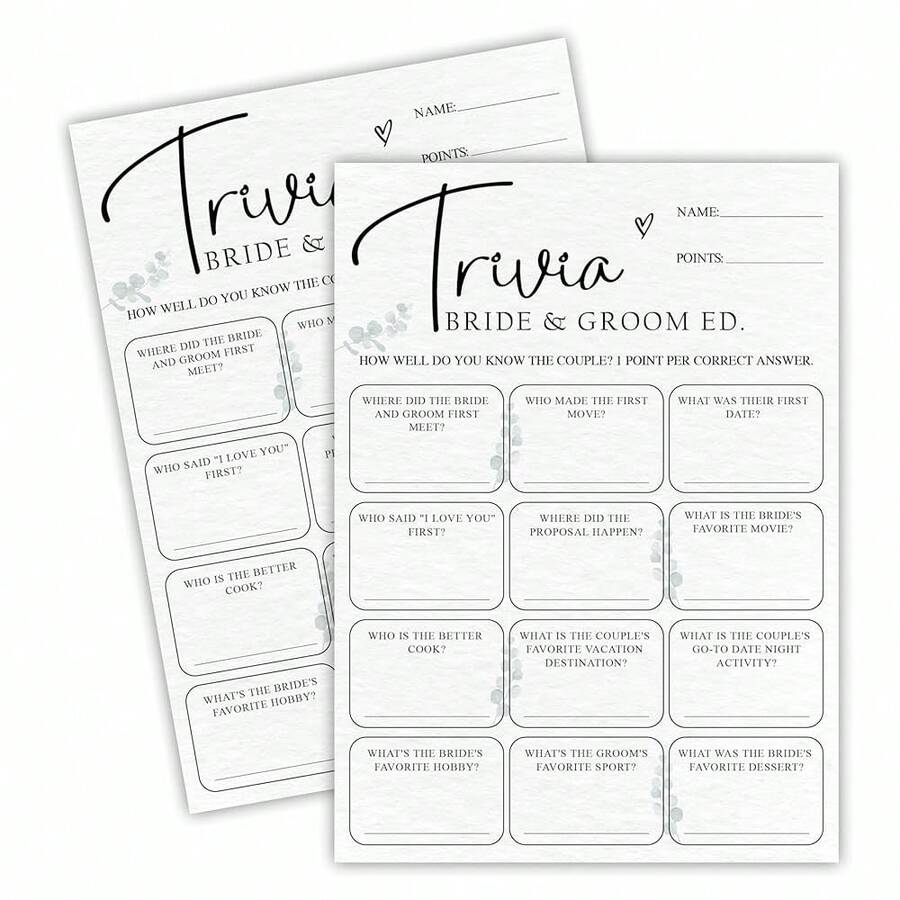 30 Bridal Shower Game Cards - Trivia BRIDE & GROOM, Eucalyptus Leaf Plant Themed Wedding Games, Suitable For 30 Guests, Engagement, Wedding Party Activity Games, Interesting Favors & Supplies - A05 - 新娘和新郎趣聞 - 查看 1
