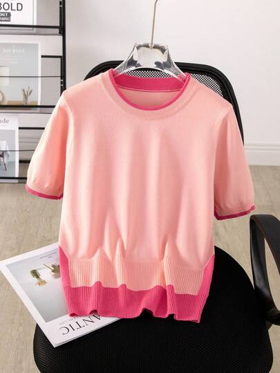Women's Contrast Color Ribbed Knit Short Sleeve Collegiate Top, Summer