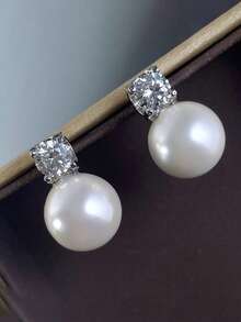 1 par de pendientes elegantes con colgante de circonita cúbica y perla falsa para mujer, adecuados como regalo del Día de San Valentín, boda, compromiso, aniversario y uso en fiestas - Plateado - Ver 23
