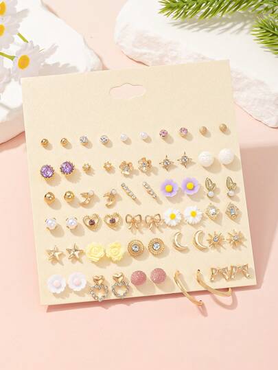 30 Pairs Elegant Fashion Earring Set, Heart Shaped Rhinestone, Faux Pearl, Metal Flower, Moon, Bow Designs, Suitable For Holiday Gifts, Daily Casual Wear