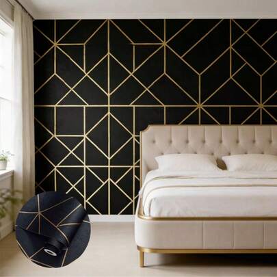 1卷黑色简约几何图案自粘墙纸，可移除PVC材质，适用于厨房、卧室、客厅台面家具翻新，家居装饰及墙面装饰，即撕即贴，装修贴纸，墙贴，墙纸，春季装饰，为您的家带来全新面貌，节日装饰