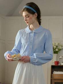 Simple Retro Women's Autumn And Winter Casual Peter Pan Collar Embroidery Pattern Blue Sweet Gentle Temperament Fit Long-Sleeved Shirt - Blue - View 8