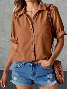 Women's Puff Short Sleeve Button Down Shirt Casual Collared V Neck Linen Loose Fit Work Blouse - Brown - View 2