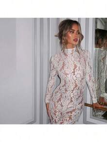 Jumpsuits For Woman Winter Clothes For Women One Piece Jumpsuit Thanksgiving Outfit Women Sexy Lace See-Through Tight Long-Sleeved Zipper Jumpsuit - 白色 - 查看 8