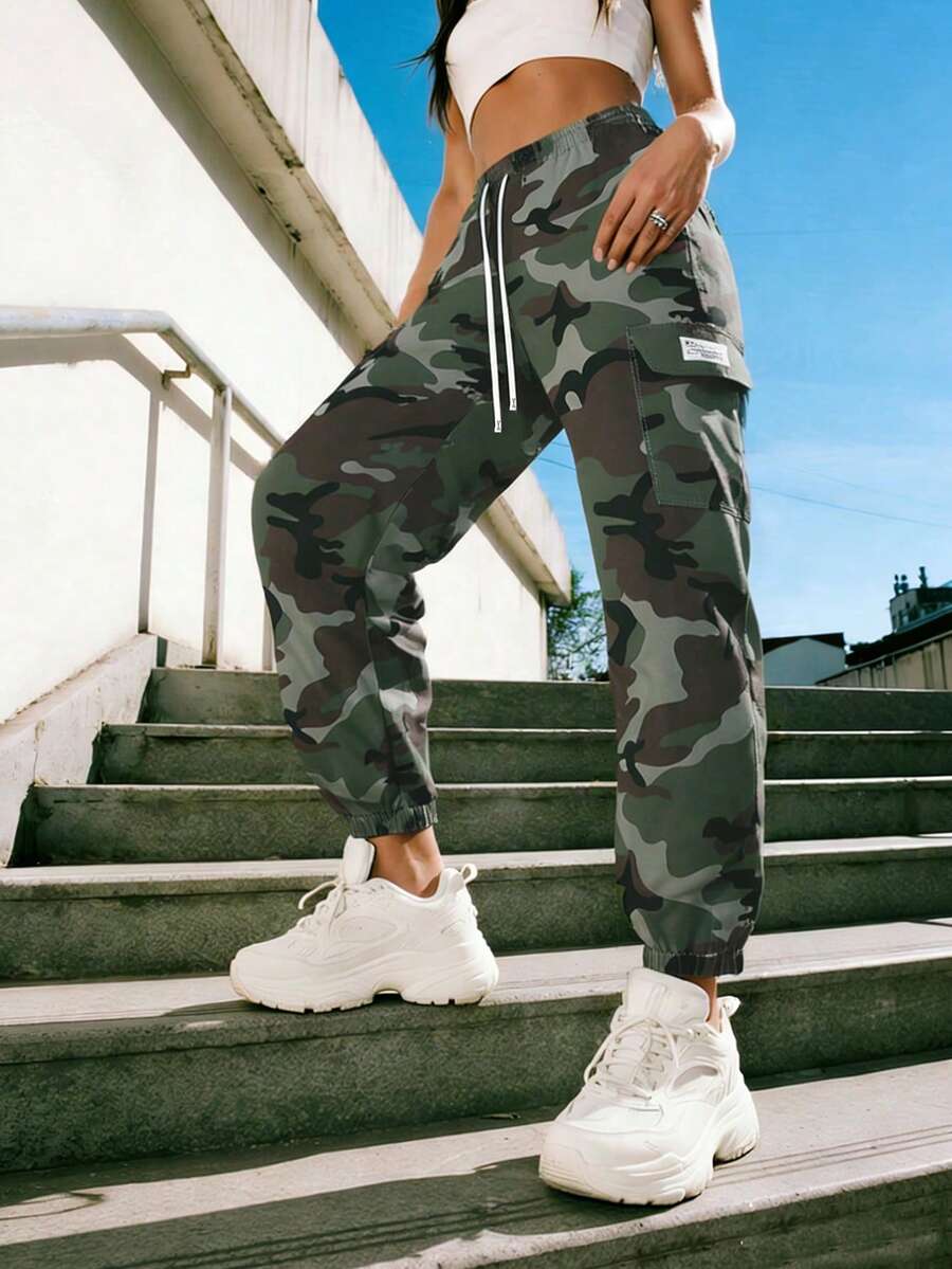 Women's Camouflage Cargo Pants, Multi-Pocket Practical Trousers, Stretchy Comfortable Fabric, Suitable For Daily Wear, Work, Travel, Running, Casual, Office, Outdoor Activities - Army Green - View 1