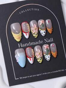 Set de 10 pegatinas de uñas con forma de almendra, estilo francés multicolor y patrones 3D tallados a mano y diseños florales y de lunares de strass pintados a mano, perfecto para la vida diaria y disfraces en el festival de música de Coachella. Incluye 1 pieza de gel de gelatina y 1 pieza de lima de uñas. Suministros de uñas - Multicolor - Ver 3