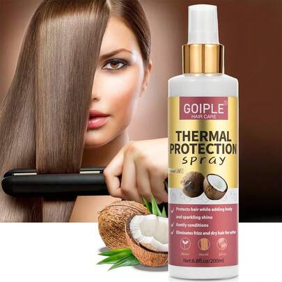 Goiple Spray de protección contra el calor de 450°F y defensa UV, Suero de protección contra el calor, Protege contra altas temperaturas de planchas, rizadores y secadores de pelo, Infundido con aceite de coco para hidratar y reparar el cabello, Mejora la salud, suavidad y brillo del cabello, Efectivo para cabello rizado, ondulado, liso y pelucas (100ml/200ml/300ml)