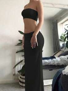 两件套女士时尚性感舒适日常穿搭，酷炫风格，适合毕业季、独立日等黑色夏季穿着 - 黑色 - 查看 3