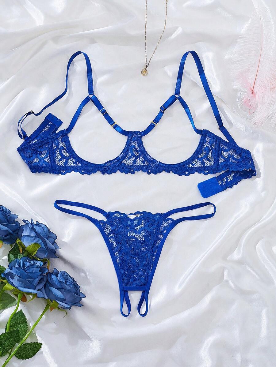 情人节女士浪漫镂空性感内衣套装，包含镂空性感文胸和内裤，适合浪漫约会之夜 - 寶藍色 - 查看 1