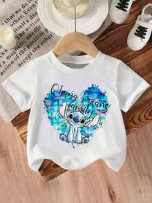 Disney Girls' T-Shirt, Creative Stitch Heart-Shaped Letter Cartoon Print, Summer Cotton Crew Neck Short Sleeve For Girls, Suitable For Everyday Wear, Vacations, Outdoor Activities, And As A Gift For Children. - White - View 2