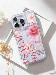 1pc Fashionable Minimalist Full-Screen Pink Peony Flower & Letter Pattern Phone Case, Suitable As Holiday Gift Compatible With Samsung, Compatible With IPhone XS/XS Max/XR/11/12/13/14/14 Plus/15/15 Plus/16/16 Plus/7/8 Plus 17/17 Pro And Other Models - Clear - View 2