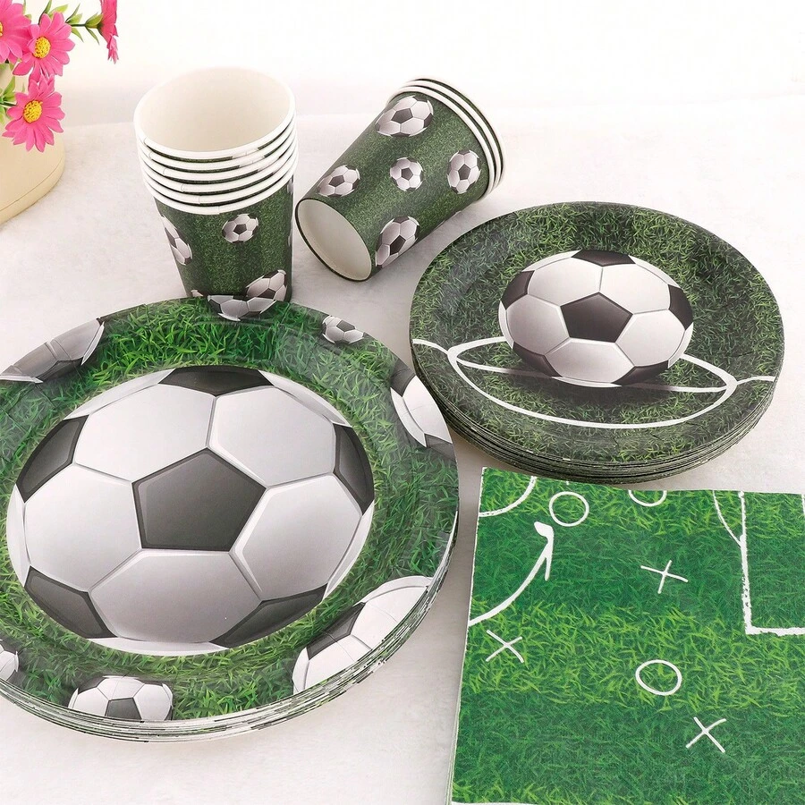 80件套足球主题餐具套装，7/9英寸派对餐盘、餐巾纸、纸杯，生日派对礼物、装饰品，纸杯，餐巾纸，适合生日主题派对用品，甜点盘，饮料杯 - 綠色 - 查看 1