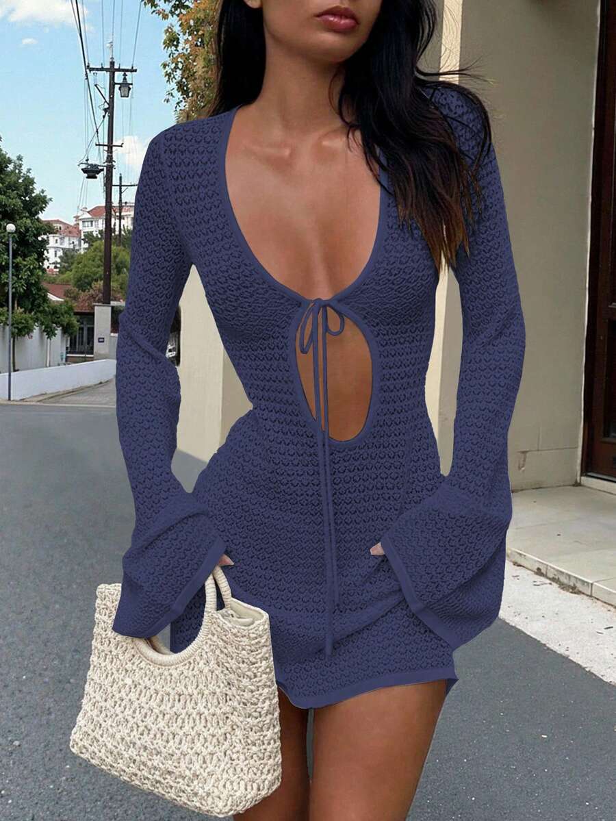 Đầm nữ kiểu dáng mới, khoét eo, gợi cảm, thích hợp mặc đi biển, nghỉ mát, hàng ngày, tay loe, chất liệu len dệt kim, phù hợp cho mùa xuân/hè/thu. - Màu xanh hải quân - Xem 1